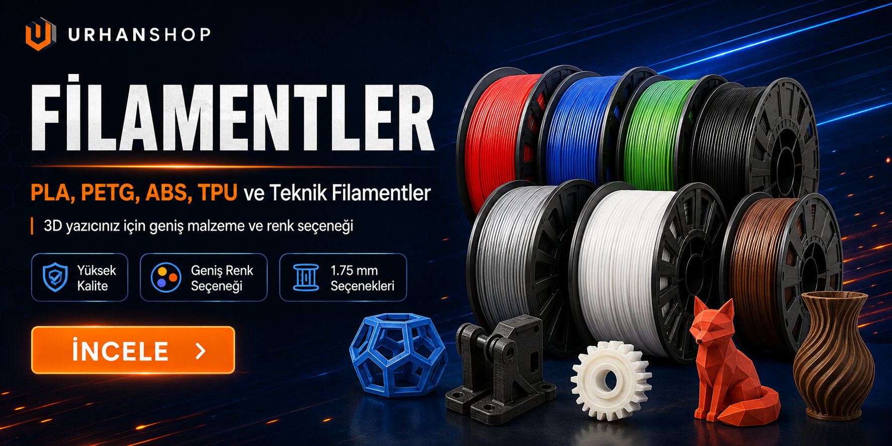 PLA, PETG ve 1.75 mm 3D yazıcı filamentleri - Urhanshop